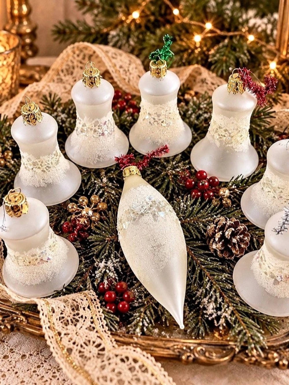 Vintage Krebs Frosted Glass Christmas Ornaments Set of 8